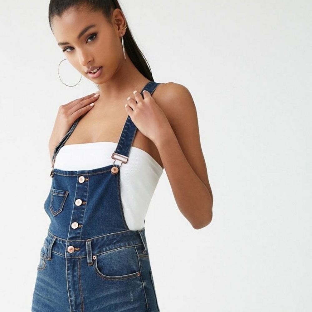 Forever 21 Denim Distressed Light Wash Button Fly Overalls